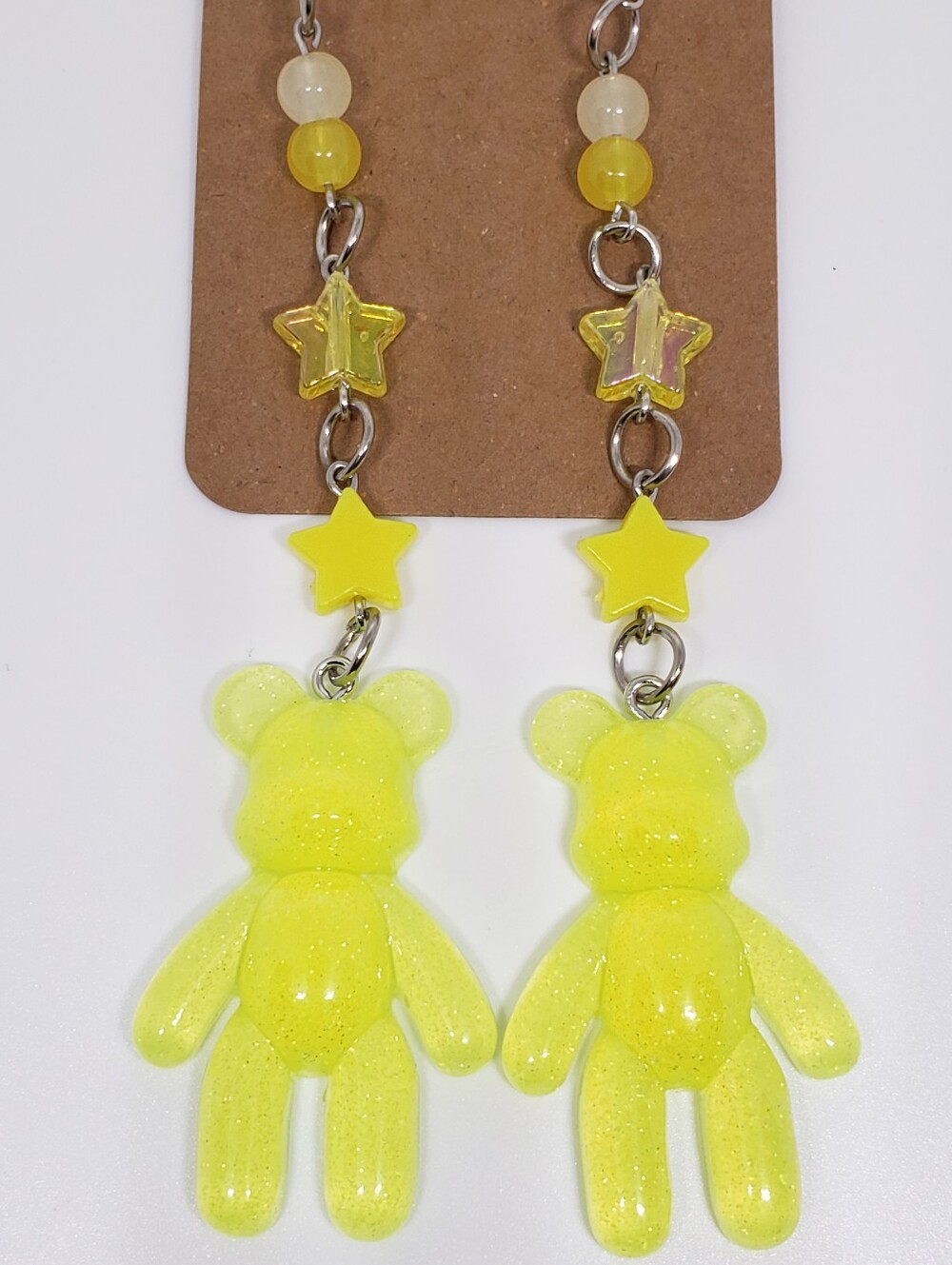 Handmade Beaded Neon Yellow Glitter Teddy Bear Earrings